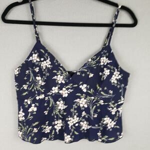 I Joah Size L Babydoll Crop Top‎ Navy Blue Floral Summer Soft Girl Coquette NWT